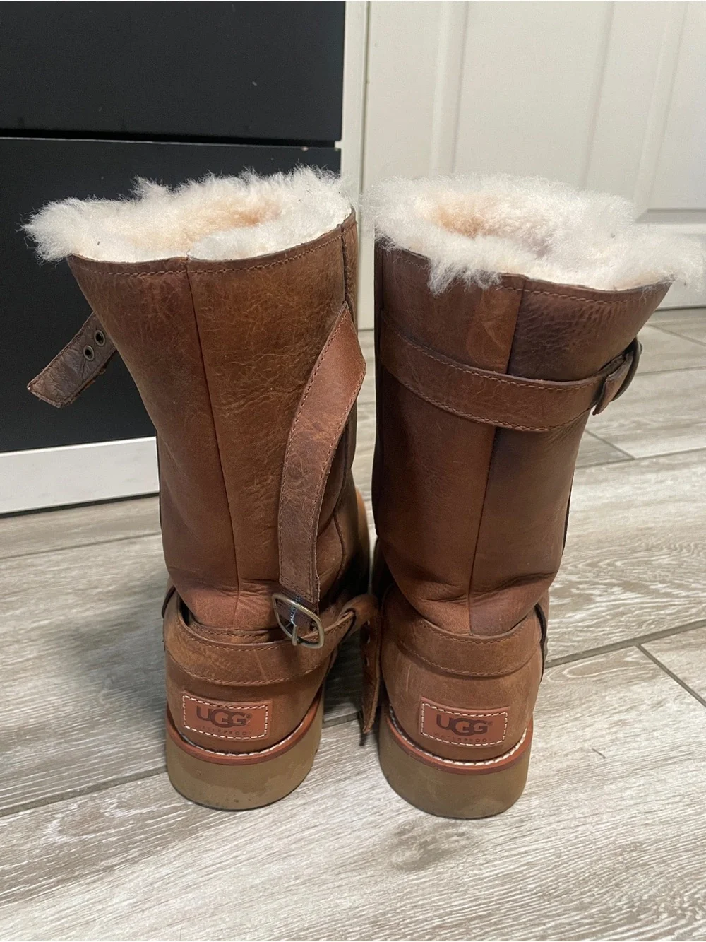 UGG Chestnut Brown Shearling Mid-Calf Boots with Buckle Detail